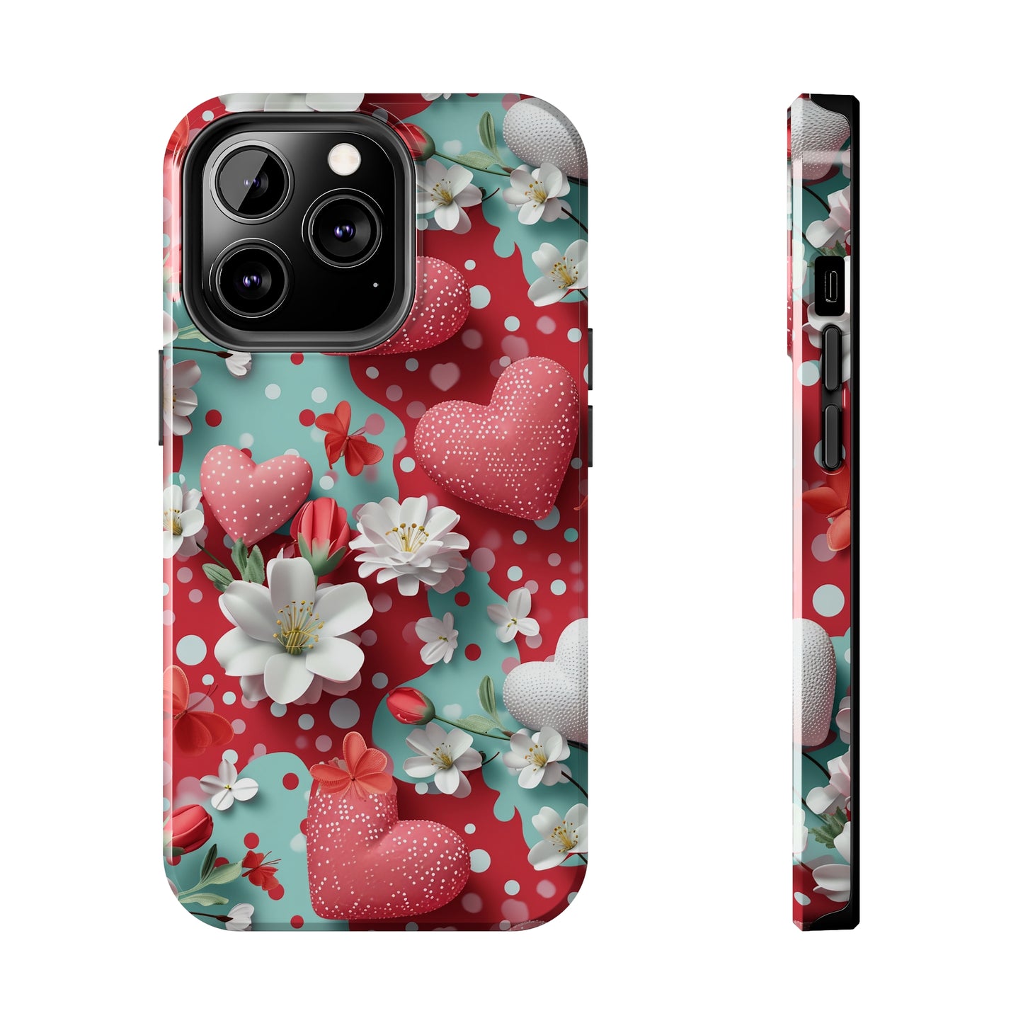 Polka Dot Hearts and Flowers Digital print Design Tough Phone Case compatible with a large variety of iPhone models, Gift, Phone Case