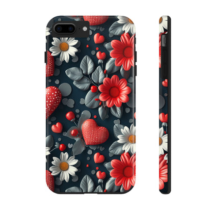 3D Flowers and Red Hearts Digital print Design Tough Phone Case compatible with a large variety of iPhone models, Gift, Phone Case