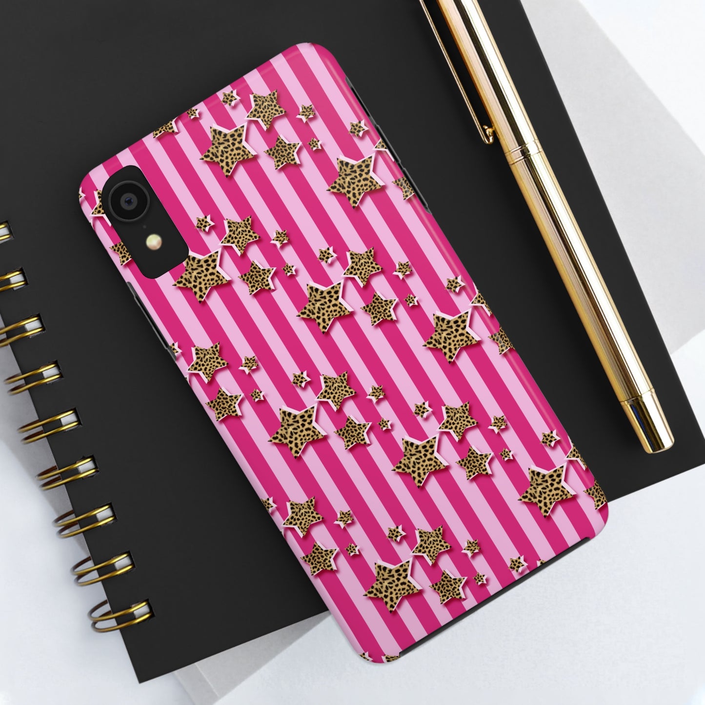 Girly Cheetah Stars and Pink Stripes Design Phone Case- Lightweight, Impact Resistant Cover for iPhone 6, 6s, 12, 13, 14, 15