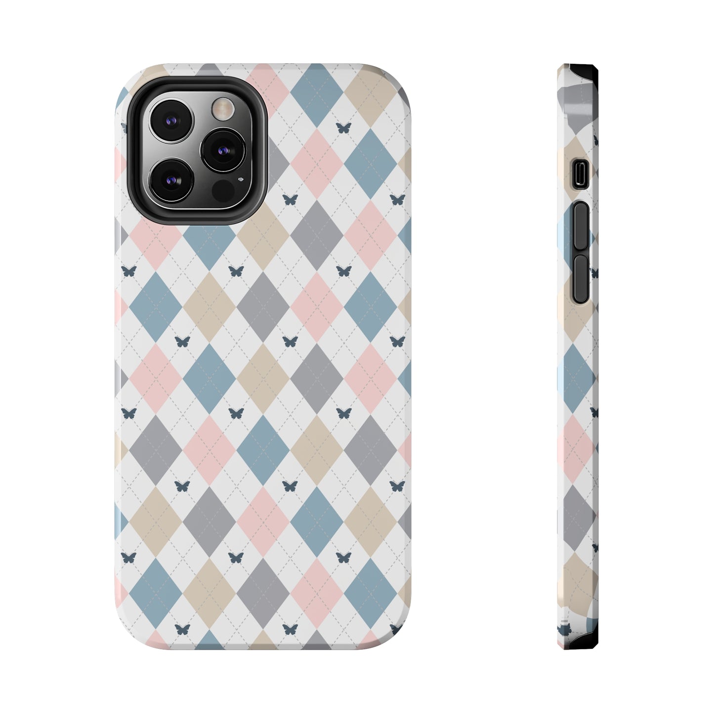 Argyle Pastel Plaid and Butterflies print design Tough Phone Case compatible with a large variety of iphone models