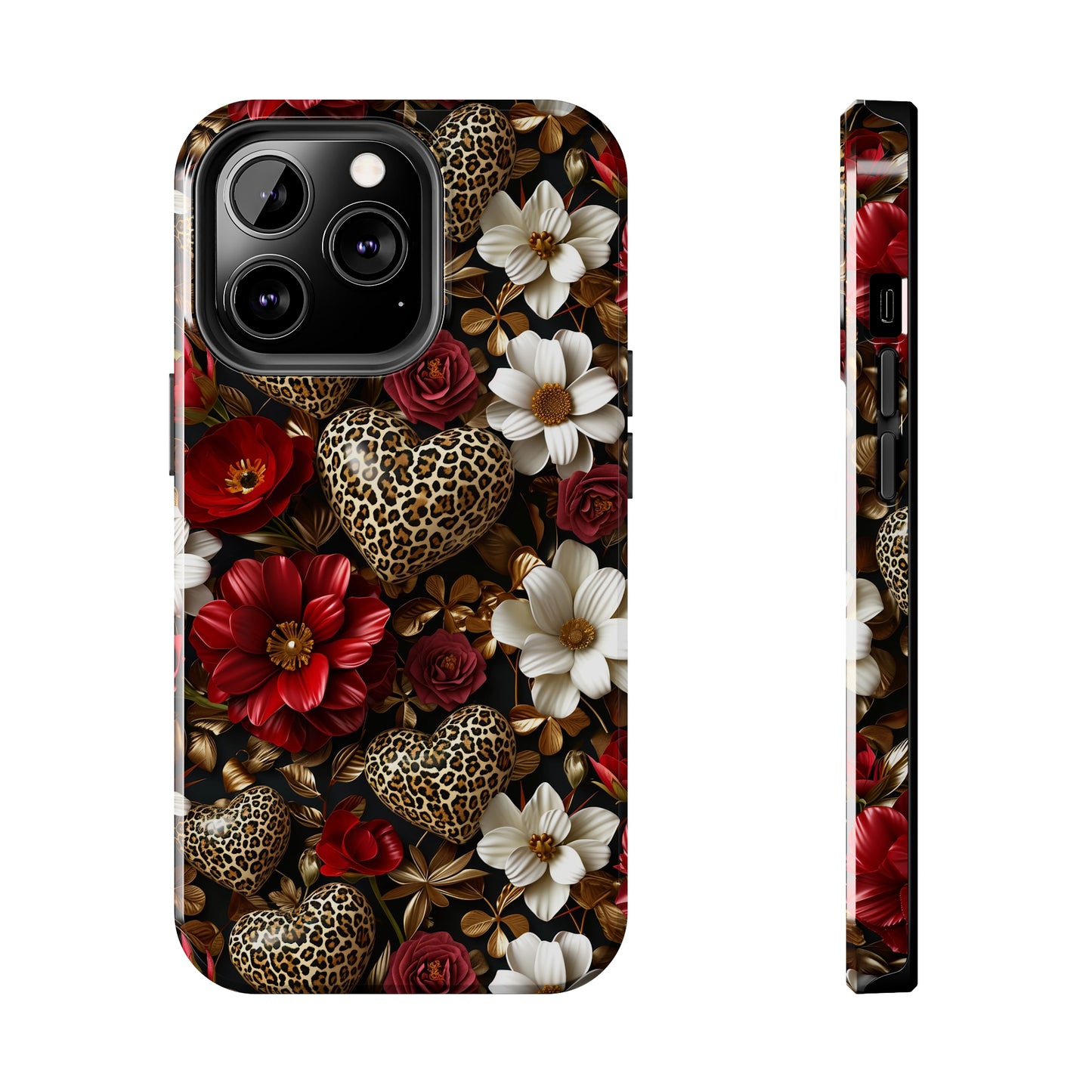 Red Gold Flowers Leopard Hearts Digital print Design Tough Phone Case compatible with a large variety of iPhone models, Gift, Phone Case