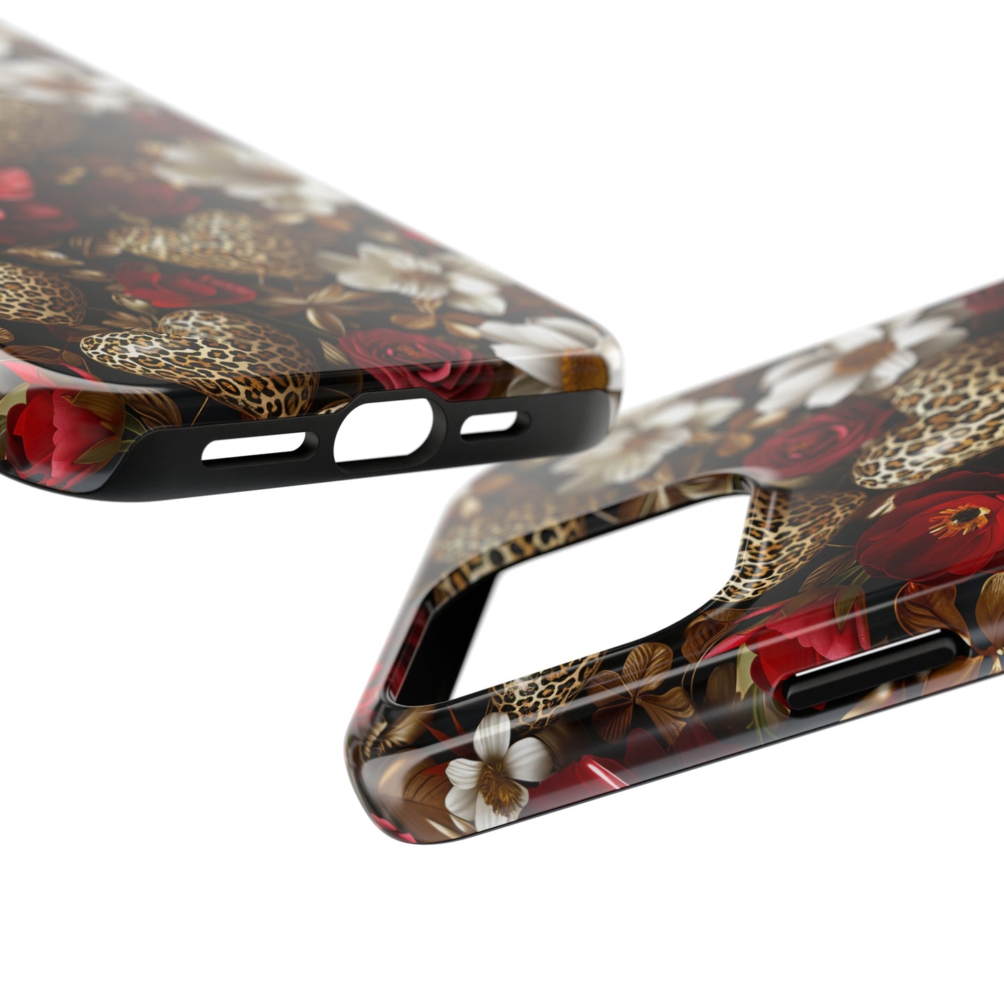 Red Gold Flowers Leopard Hearts Digital print Design Tough Phone Case compatible with a large variety of iPhone models, Gift, Phone Case