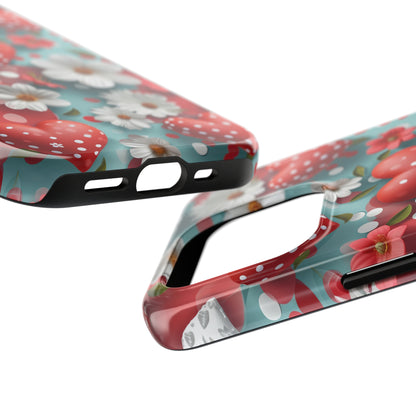 White Flowers Red Polka Dot Hearts Digital print Design Tough Phone Case compatible with a large variety of iPhone models, Gift, Phone Case