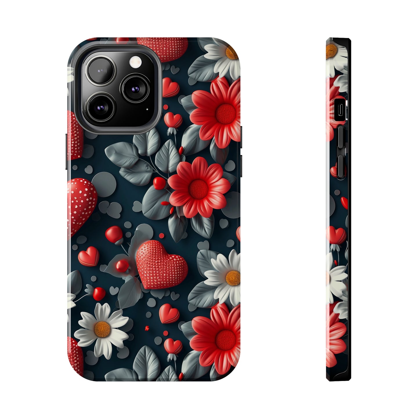 3D Flowers and Red Hearts Digital print Design Tough Phone Case compatible with a large variety of iPhone models, Gift, Phone Case