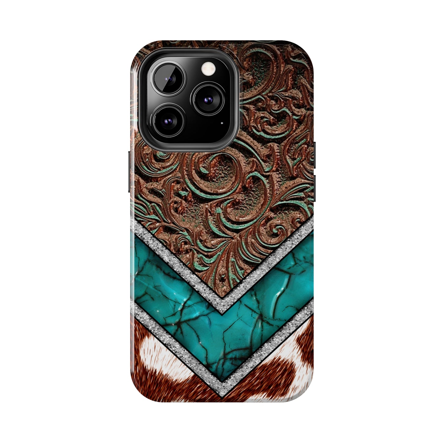 Western Cow Print, Faux Turquoise and Leather Digital print design Phone Case- Lightweight, Impact Resistant Cover for iPhone 6, 6s, 12, 13, 14, 15