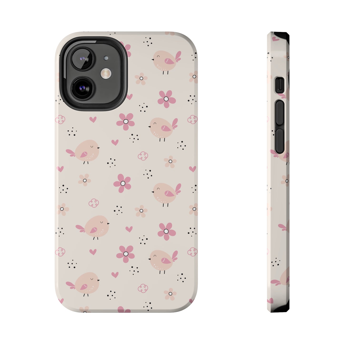 Cute Pink Birds and Flowers print design Tough Phone Case compatible with a large variety of iphone models