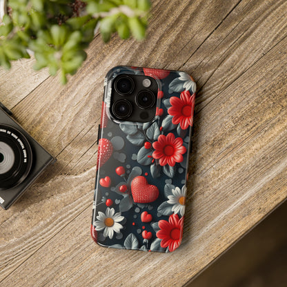 3D Flowers and Red Hearts Digital print Design Tough Phone Case compatible with a large variety of iPhone models, Gift, Phone Case