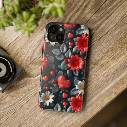 3D Flowers and Red Hearts Digital print Design Tough Phone Case compatible with a large variety of iPhone models, Gift, Phone Case