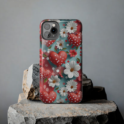 White Flowers Red Polka Dot Hearts Digital print Design Tough Phone Case compatible with a large variety of iPhone models, Gift, Phone Case