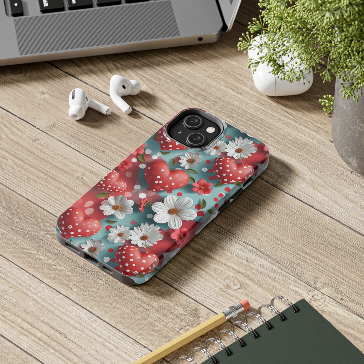 White Flowers Red Polka Dot Hearts Digital print Design Tough Phone Case compatible with a large variety of iPhone models, Gift, Phone Case