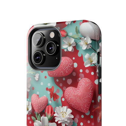 Polka Dot Hearts and Flowers Digital print Design Tough Phone Case compatible with a large variety of iPhone models, Gift, Phone Case