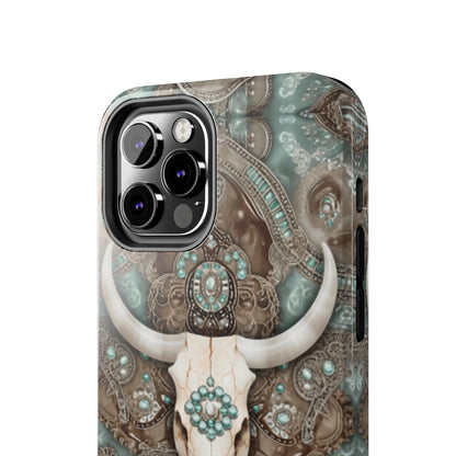 Western Cow Skull and Turquoise print design Phone Case- Lightweight, Impact Resistant Cover for iPhone 6, 6s, 12, 13, 14, 15