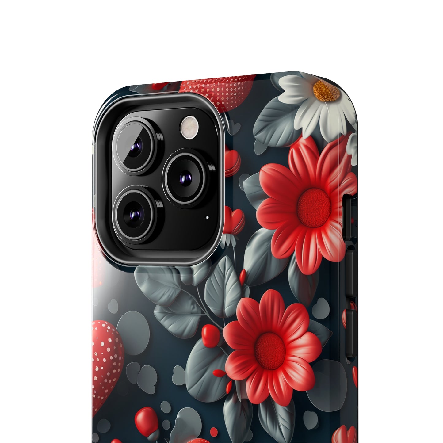 3D Flowers and Red Hearts Digital print Design Tough Phone Case compatible with a large variety of iPhone models, Gift, Phone Case