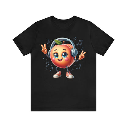 Cute Cartoon Peach with Headphones Music Lovers T-Shirt, Unisex Tee for All Ages, Fun Graphic Shirt, Perfect Gift Idea