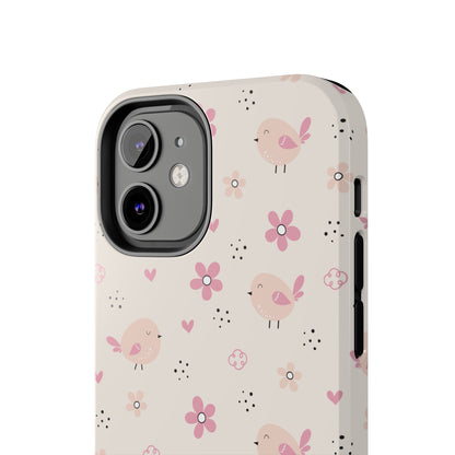 Cute Pink Birds and Flowers print design Tough Phone Case compatible with a large variety of iphone models