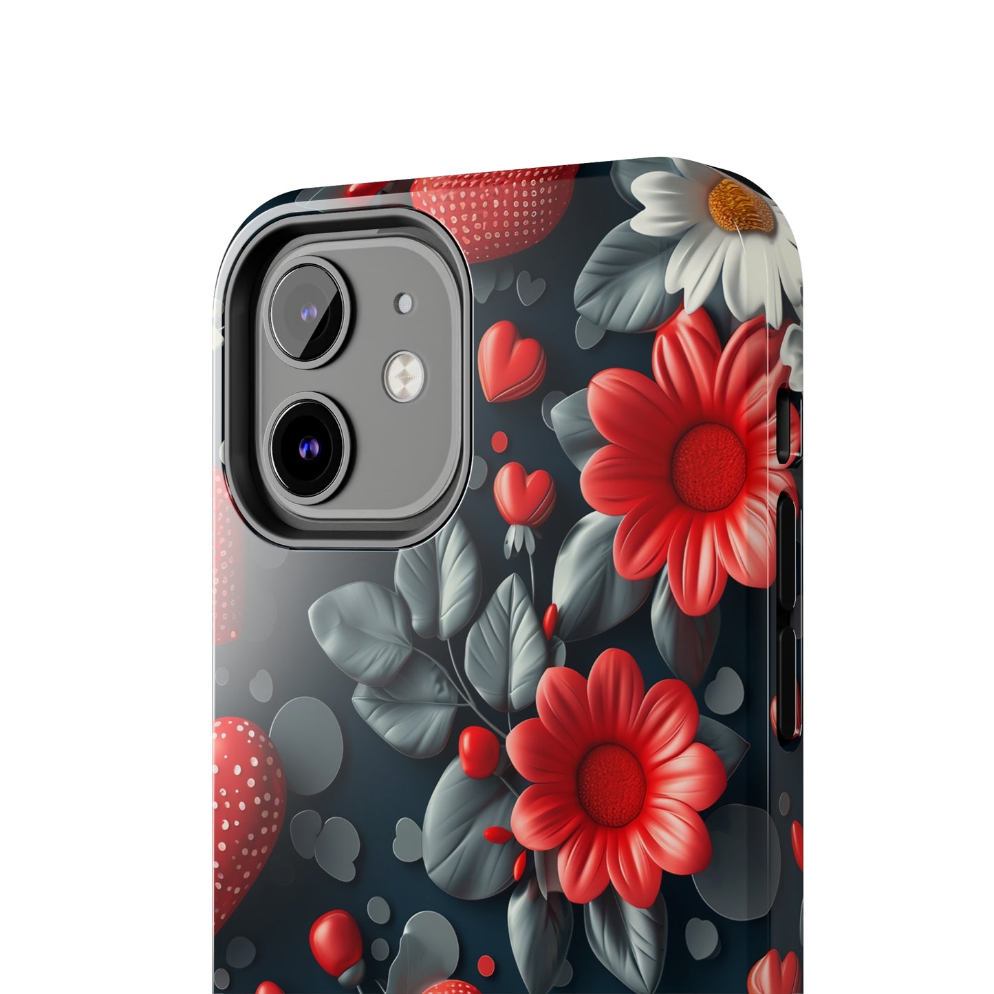 3D Flowers and Red Hearts Digital print Design Tough Phone Case compatible with a large variety of iPhone models, Gift, Phone Case