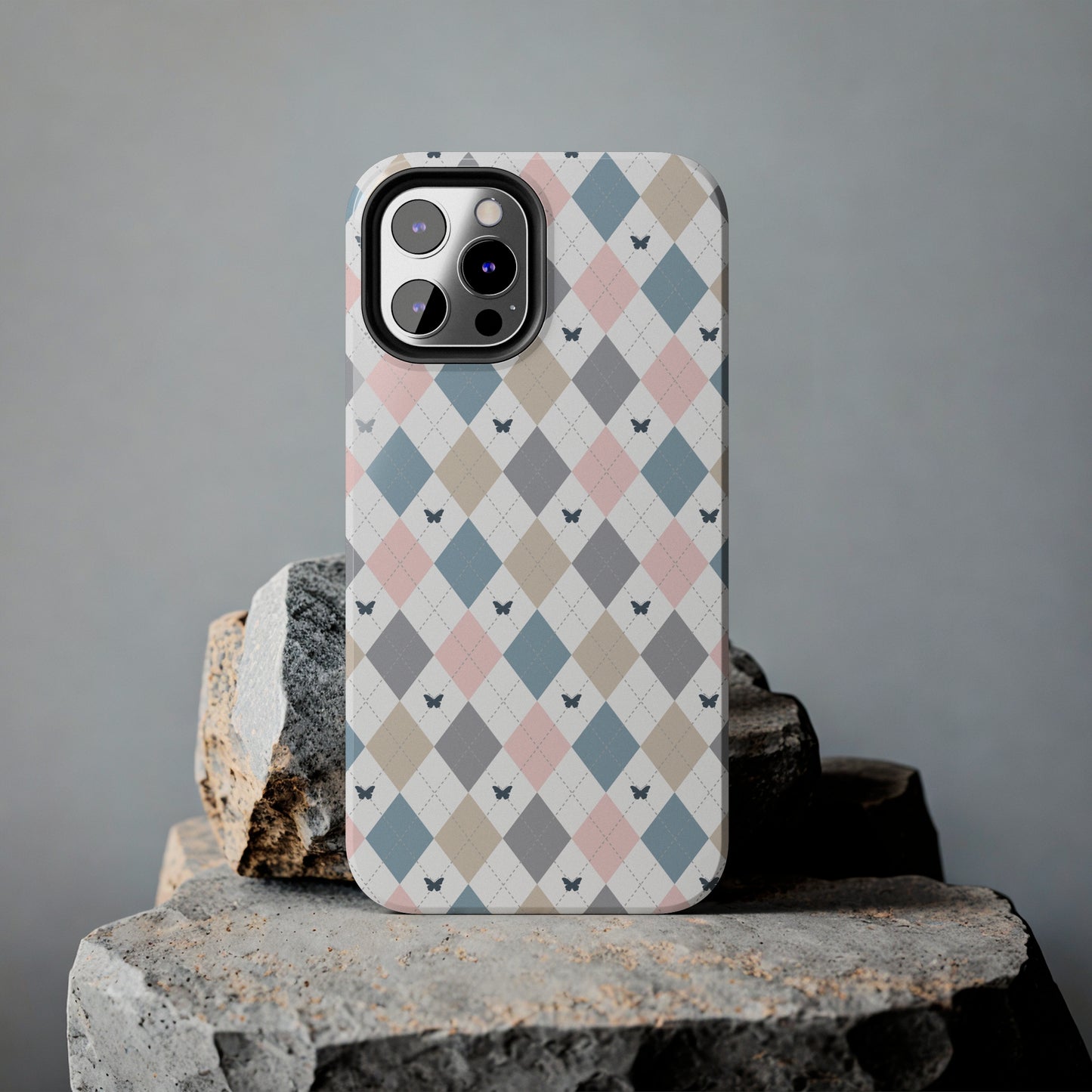 Argyle Pastel Plaid and Butterflies print design Tough Phone Case compatible with a large variety of iphone models