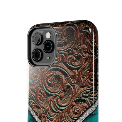 Western Cow Print, Faux Turquoise and Leather Digital print design Phone Case- Lightweight, Impact Resistant Cover for iPhone 6, 6s, 12, 13, 14, 15