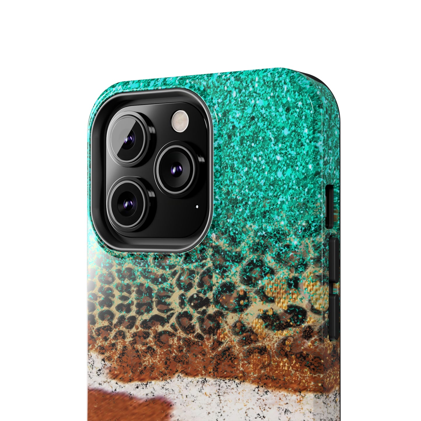 Western Cow Print, Teal, and Leopard print Design Phone Case- Lightweight, Impact Resistant Cover for iPhone 6, 6s, 12, 13, 14, 15