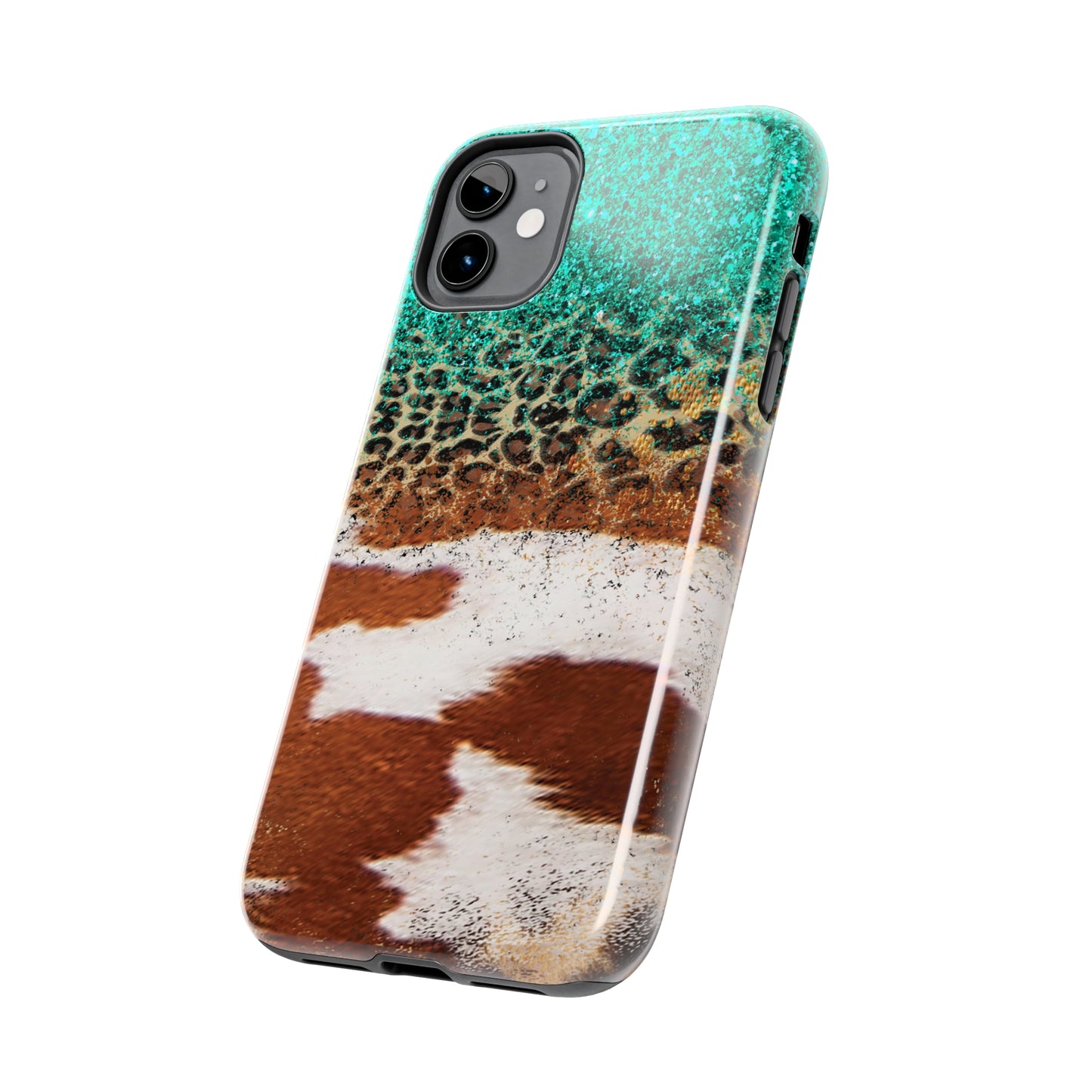 Western Cow Print, Teal, and Leopard print Design Phone Case- Lightweight, Impact Resistant Cover for iPhone 6, 6s, 12, 13, 14, 15