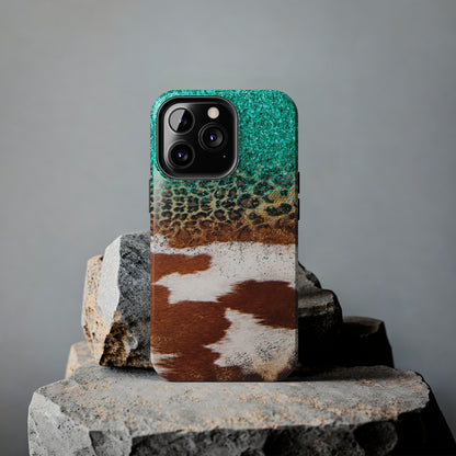 Western Cow Print, Teal, and Leopard print Design Phone Case- Lightweight, Impact Resistant Cover for iPhone 6, 6s, 12, 13, 14, 15