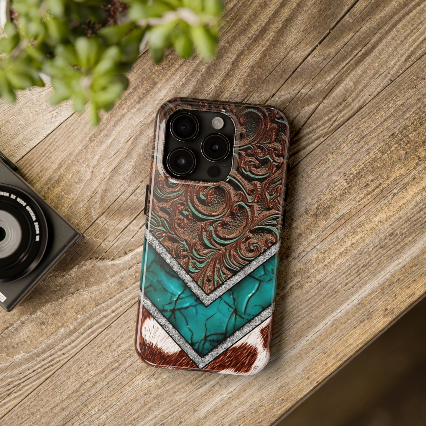 Western Cow Print, Faux Turquoise and Leather Digital print design Phone Case- Lightweight, Impact Resistant Cover for iPhone 6, 6s, 12, 13, 14, 15