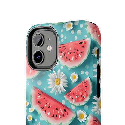 Watermelon Slices and Daisies Digital print Design Tough Phone Case compatible with a large variety of iPhone models, Gift, Phone Case