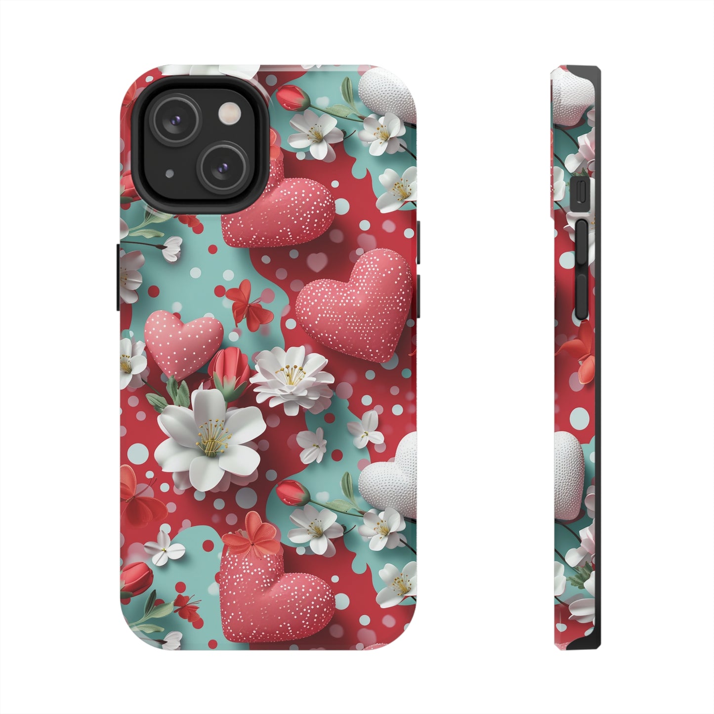 Polka Dot Hearts and Flowers Digital print Design Tough Phone Case compatible with a large variety of iPhone models, Gift, Phone Case