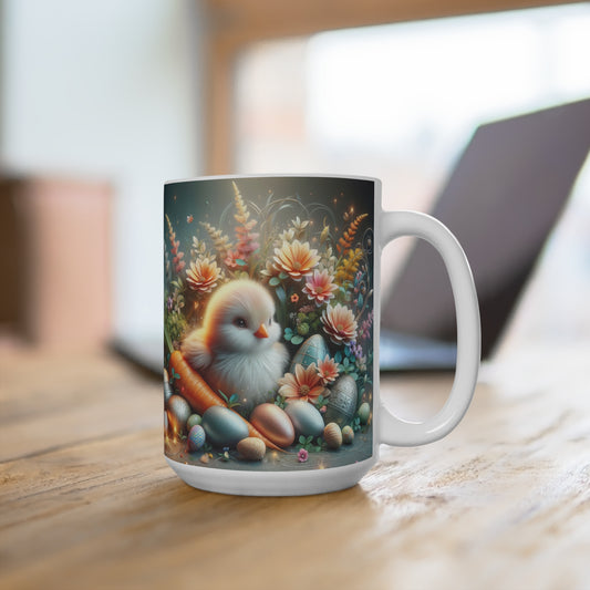 Whimsical Easter Chick Coffee Mug, Spring Floral and Eggs Decorative Cup, Unique Seasonal Gift for Coffee Lovers, Unique Gift