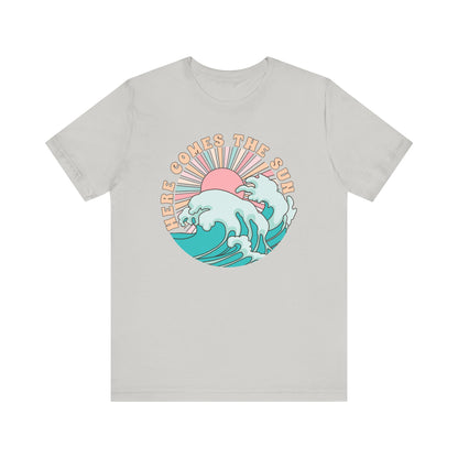 Boho Ocean Waves Sunrise Graphic Tee, Here Comes The Sun Summer T-Shirt, Beach Lover Casual Top, Retro Style Soft Cotton Shirt