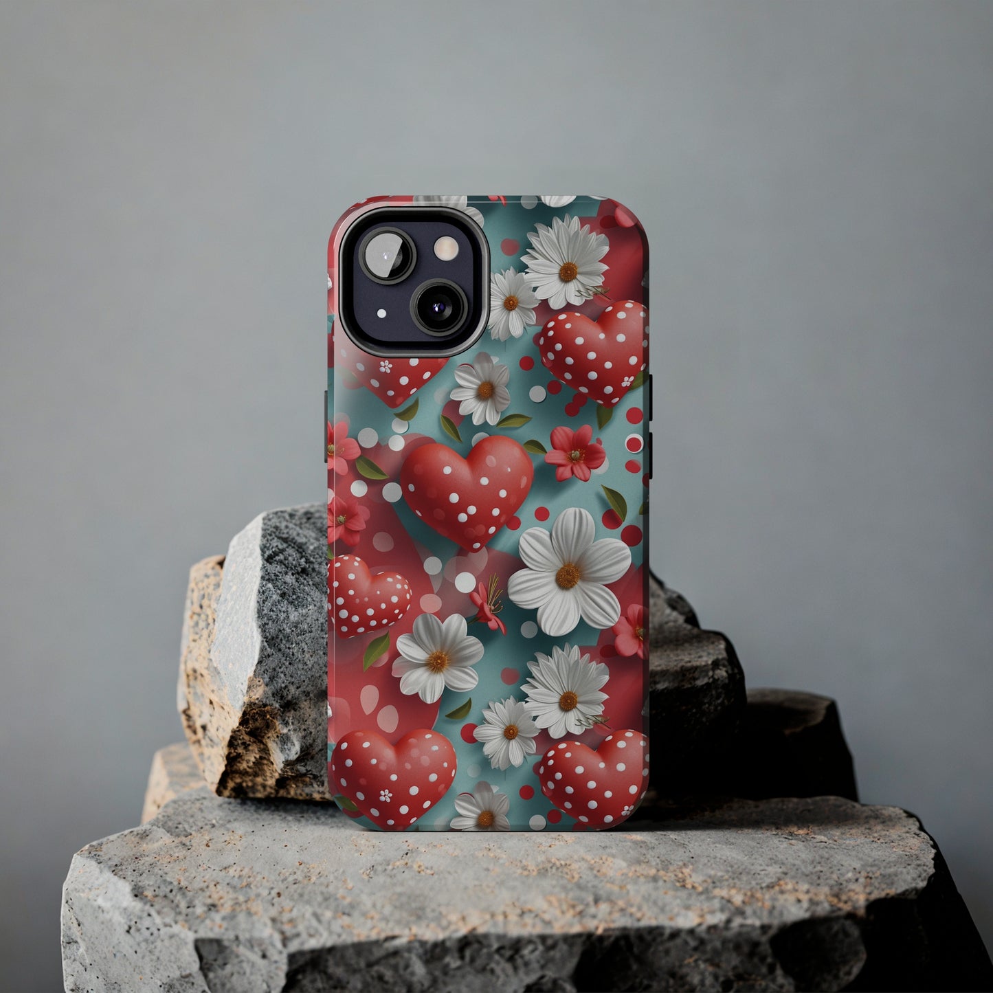 White Flowers Red Polka Dot Hearts Digital print Design Tough Phone Case compatible with a large variety of iPhone models, Gift, Phone Case