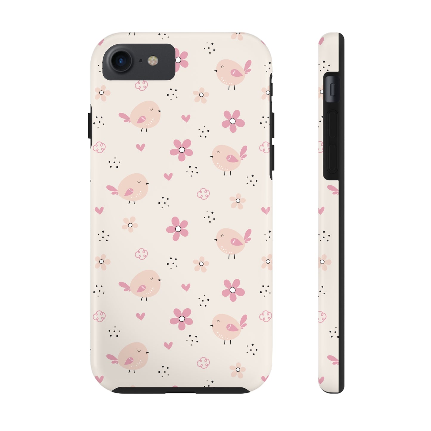 Cute Pink Birds and Flowers print design Tough Phone Case compatible with a large variety of iphone models