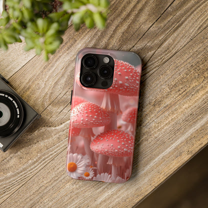 Whimsical Pink Mushrooms and Daisies Design Tough Phone Case compatible with a large variety of iPhone models, Gift, Phone Case