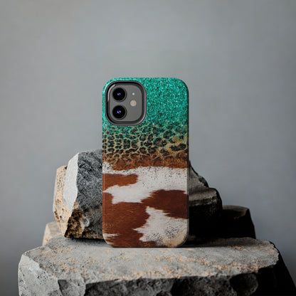 Western Cow Print, Teal, and Leopard print Design Phone Case- Lightweight, Impact Resistant Cover for iPhone 6, 6s, 12, 13, 14, 15