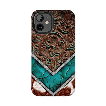 Western Cow Print, Faux Turquoise and Leather Digital print design Phone Case- Lightweight, Impact Resistant Cover for iPhone 6, 6s, 12, 13, 14, 15