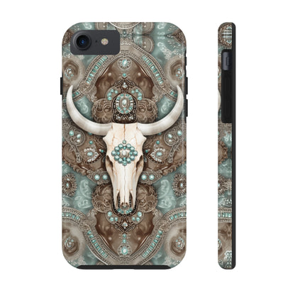 Western Cow Skull and Turquoise print design Phone Case- Lightweight, Impact Resistant Cover for iPhone 6, 6s, 12, 13, 14, 15