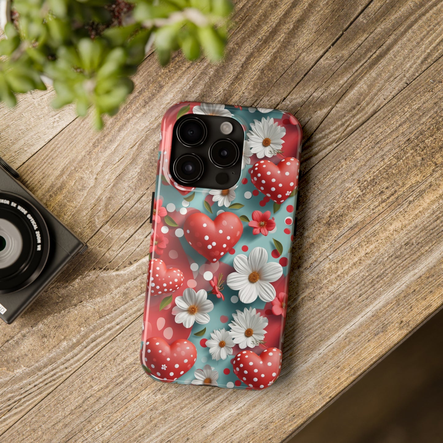 White Flowers Red Polka Dot Hearts Digital print Design Tough Phone Case compatible with a large variety of iPhone models, Gift, Phone Case