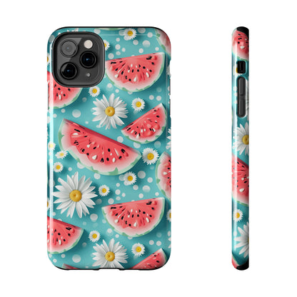 Watermelon Slices and Daisies Digital print Design Tough Phone Case compatible with a large variety of iPhone models, Gift, Phone Case