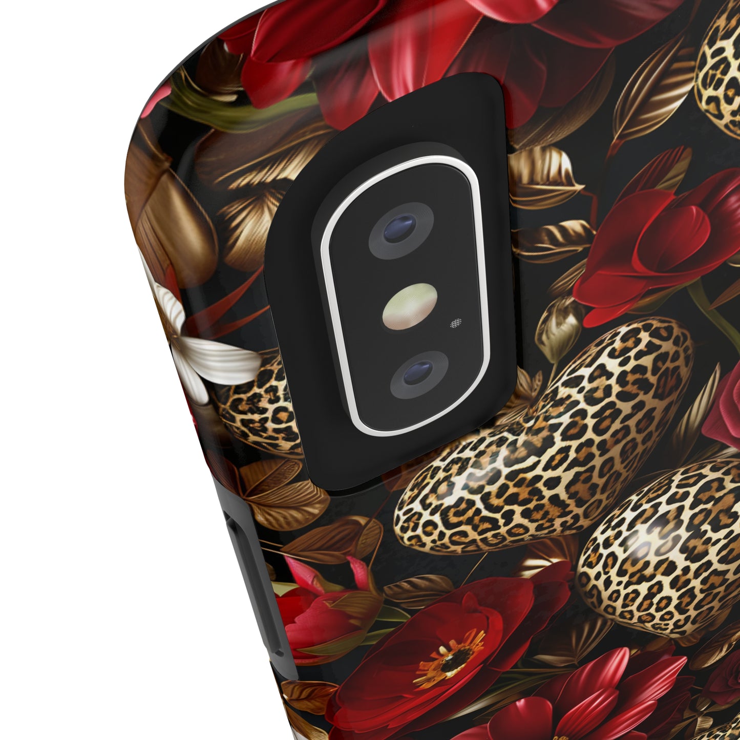 Red Gold Flowers Leopard Hearts Digital print Design Tough Phone Case compatible with a large variety of iPhone models, Gift, Phone Case