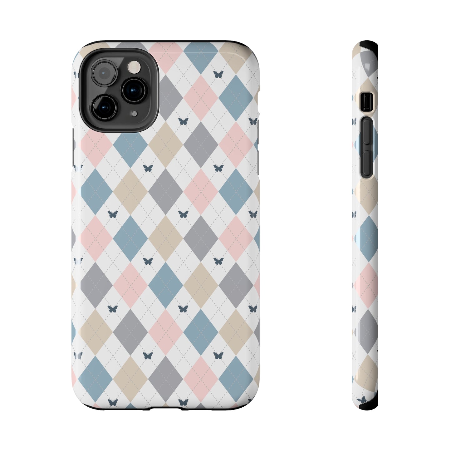 Argyle Pastel Plaid and Butterflies print design Tough Phone Case compatible with a large variety of iphone models