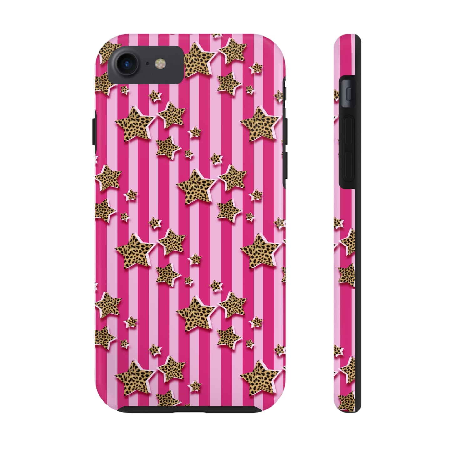 Girly Cheetah Stars and Pink Stripes Design Phone Case- Lightweight, Impact Resistant Cover for iPhone 6, 6s, 12, 13, 14, 15