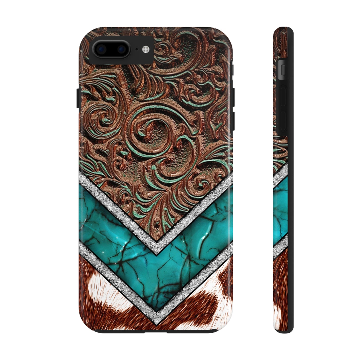 Western Cow Print, Faux Turquoise and Leather Digital print design Phone Case- Lightweight, Impact Resistant Cover for iPhone 6, 6s, 12, 13, 14, 15