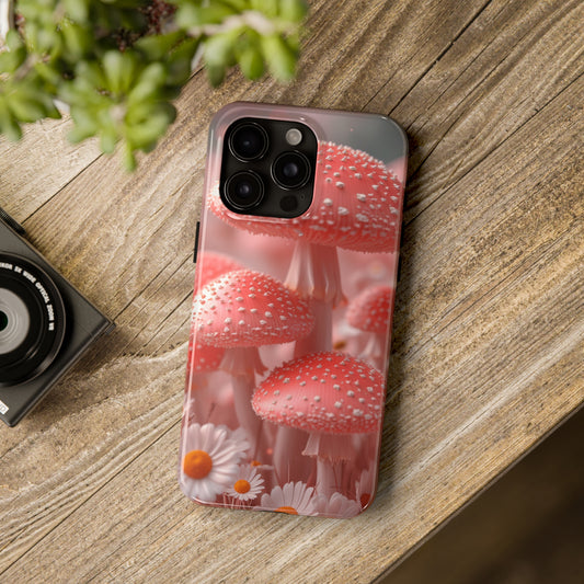 Whimsical Pink Mushrooms and Daisies Design Tough Phone Case compatible with a large variety of iPhone models, Gift, Phone Case