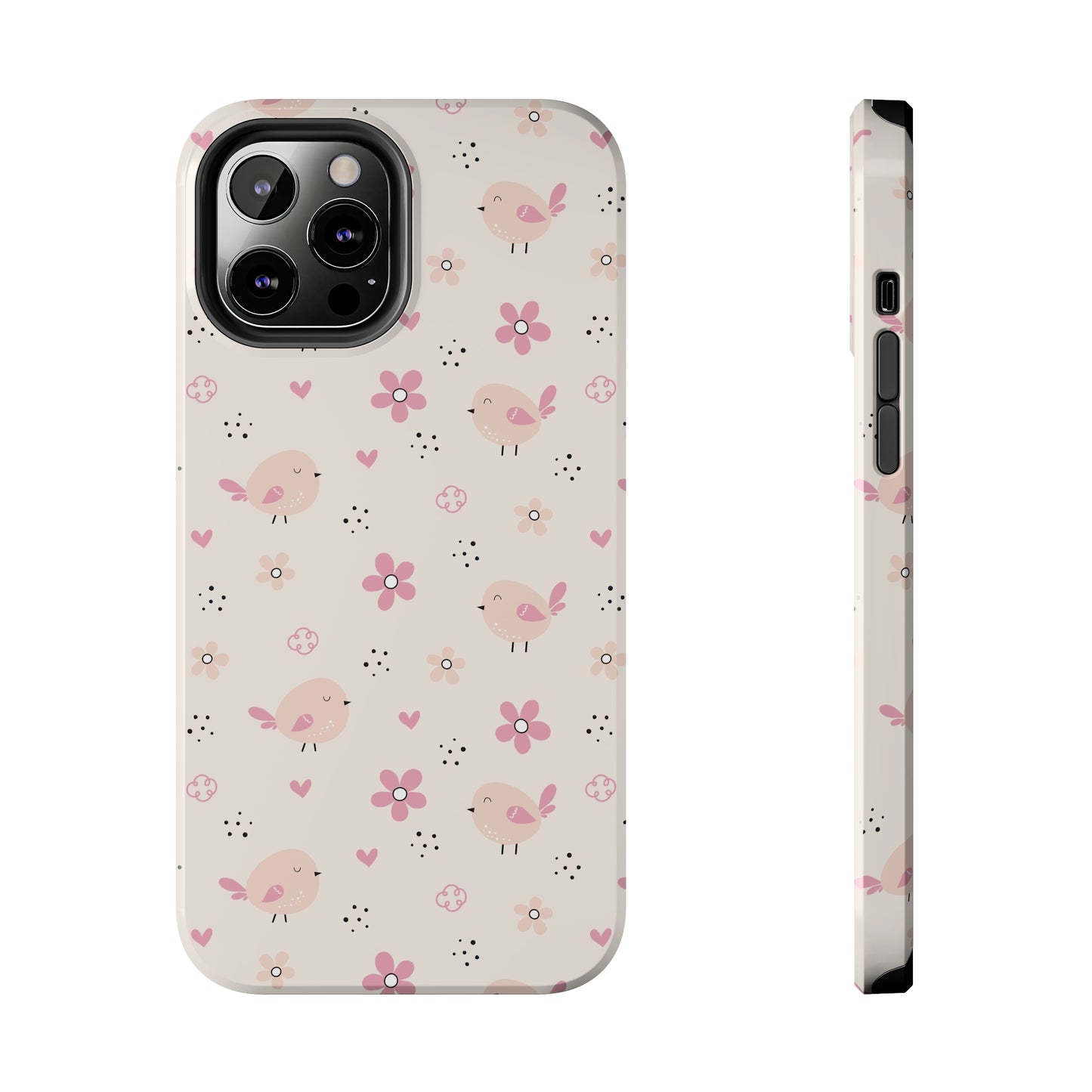 Cute Pink Birds and Flowers print design Tough Phone Case compatible with a large variety of iphone models