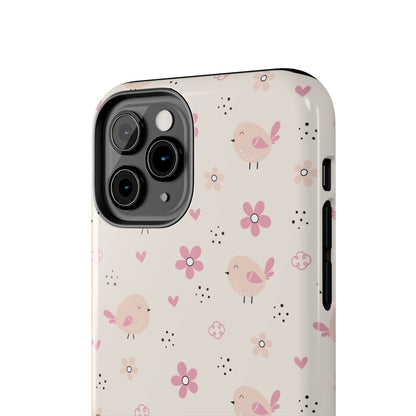 Cute Pink Birds and Flowers print design Tough Phone Case compatible with a large variety of iphone models