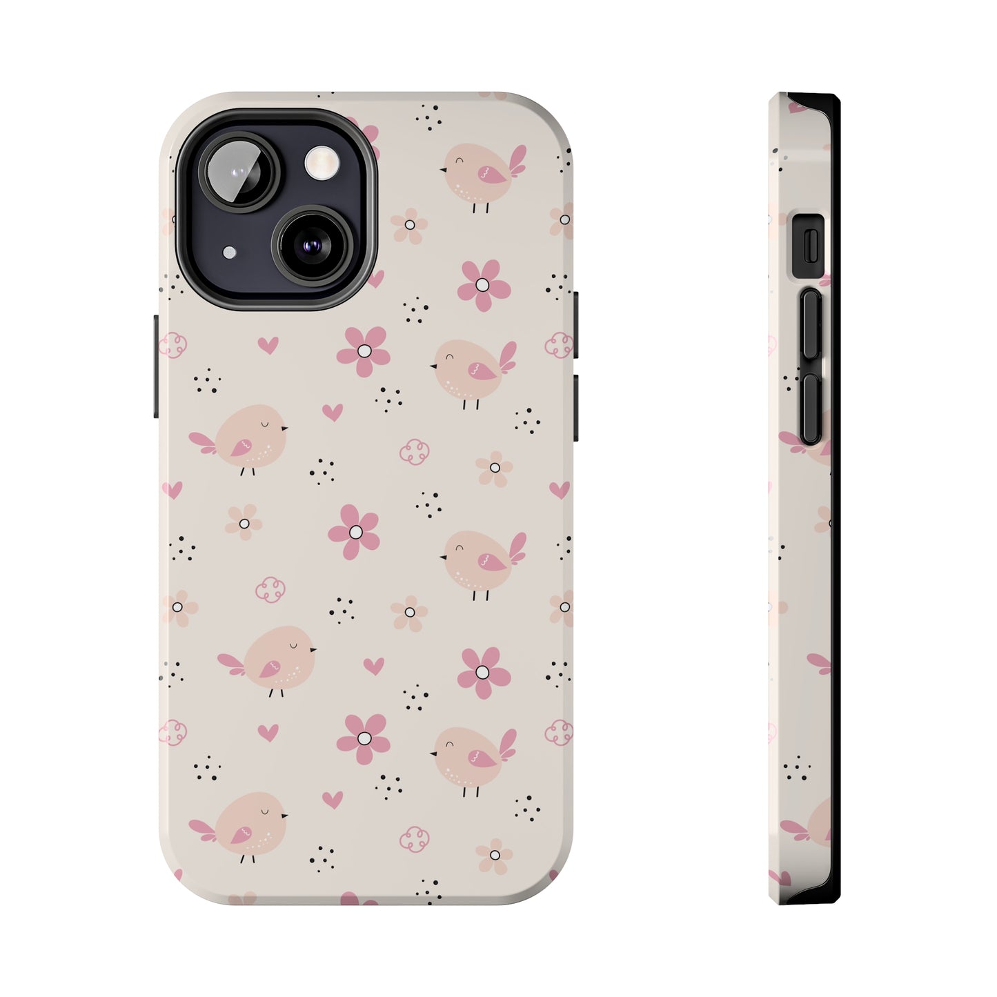 Cute Pink Birds and Flowers print design Tough Phone Case compatible with a large variety of iphone models