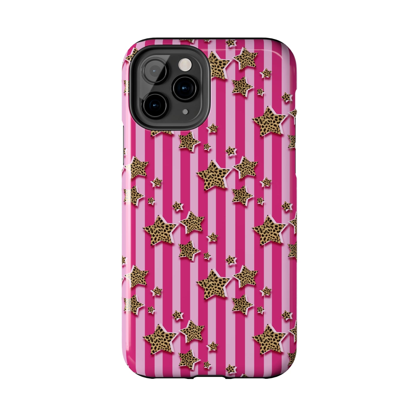 Girly Cheetah Stars and Pink Stripes Design Phone Case- Lightweight, Impact Resistant Cover for iPhone 6, 6s, 12, 13, 14, 15