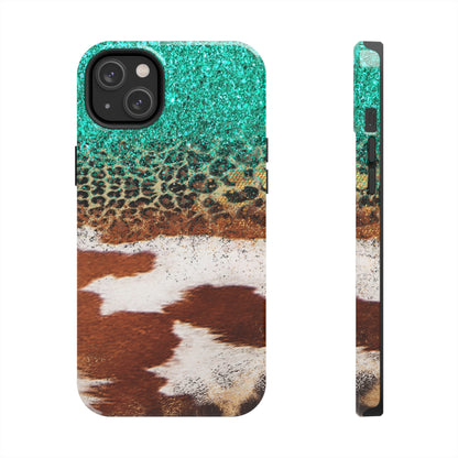 Western Cow Print, Teal, and Leopard print Design Phone Case- Lightweight, Impact Resistant Cover for iPhone 6, 6s, 12, 13, 14, 15