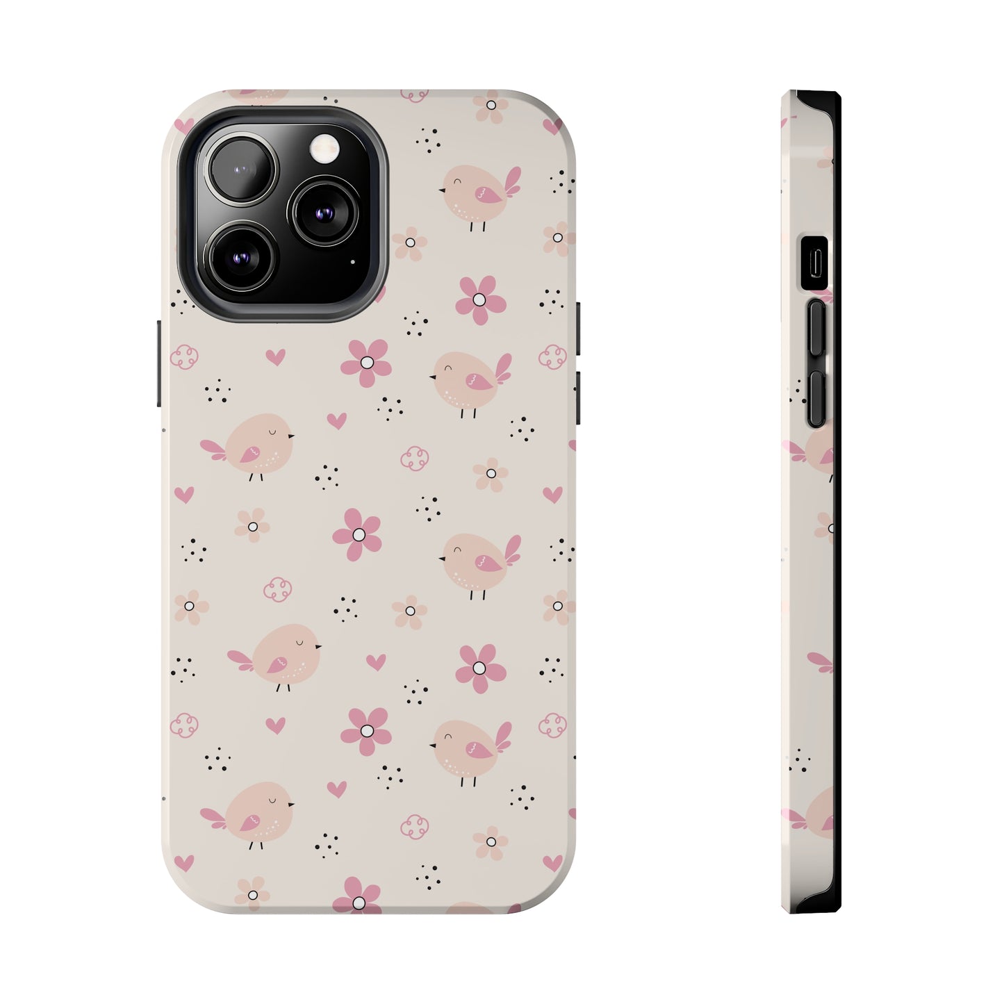 Cute Pink Birds and Flowers print design Tough Phone Case compatible with a large variety of iphone models