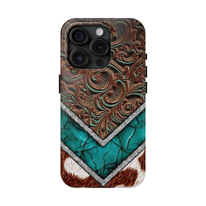 Western Cow Print, Faux Turquoise and Leather Digital print design Phone Case- Lightweight, Impact Resistant Cover for iPhone 6, 6s, 12, 13, 14, 15